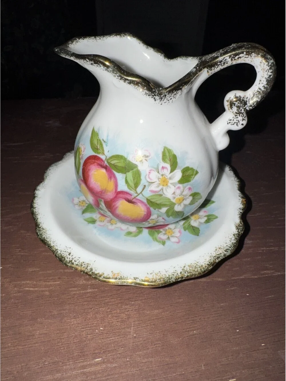 Vintage Japan HOMCO Small Porcelain Pitcher Creamer and Saucer Gold Trim Floral